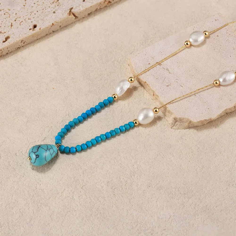 Coliere Din Argint - Colier din Argint cu Perle naturale și Pietre Turcoaz Turquoise & Pearl Harmony