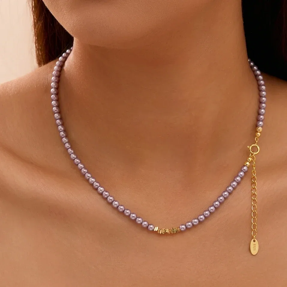 Coliere Din Argint - Colier din argint cu perle shell Beads Lila Auriu