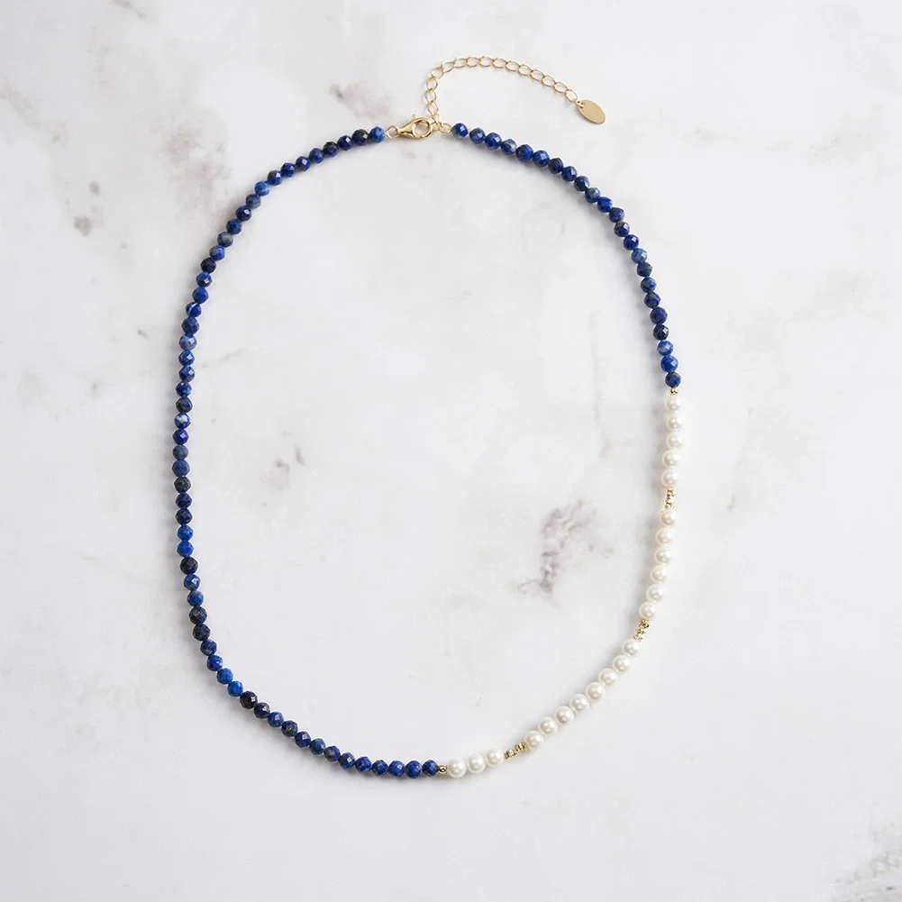 Coliere Din Argint - Colier din Argint cu Perle și Piatră Naturală Lapis Lazuli Harmony Gold