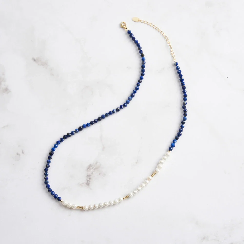 Coliere Din Argint - Colier din Argint cu Perle și Piatră Naturală Lapis Lazuli Harmony Gold