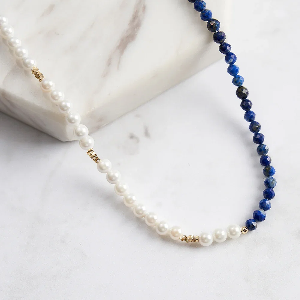 Coliere Din Argint - Colier din Argint cu Perle și Piatră Naturală Lapis Lazuli Harmony Gold