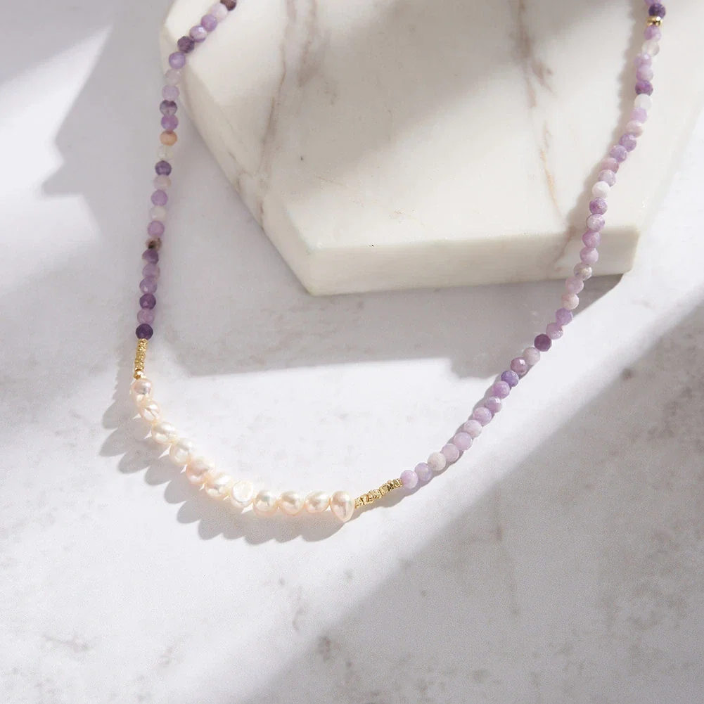 Coliere Din Argint - Colier din Argint cu Perle și Pietre naturale Ametist Lavender Pearl