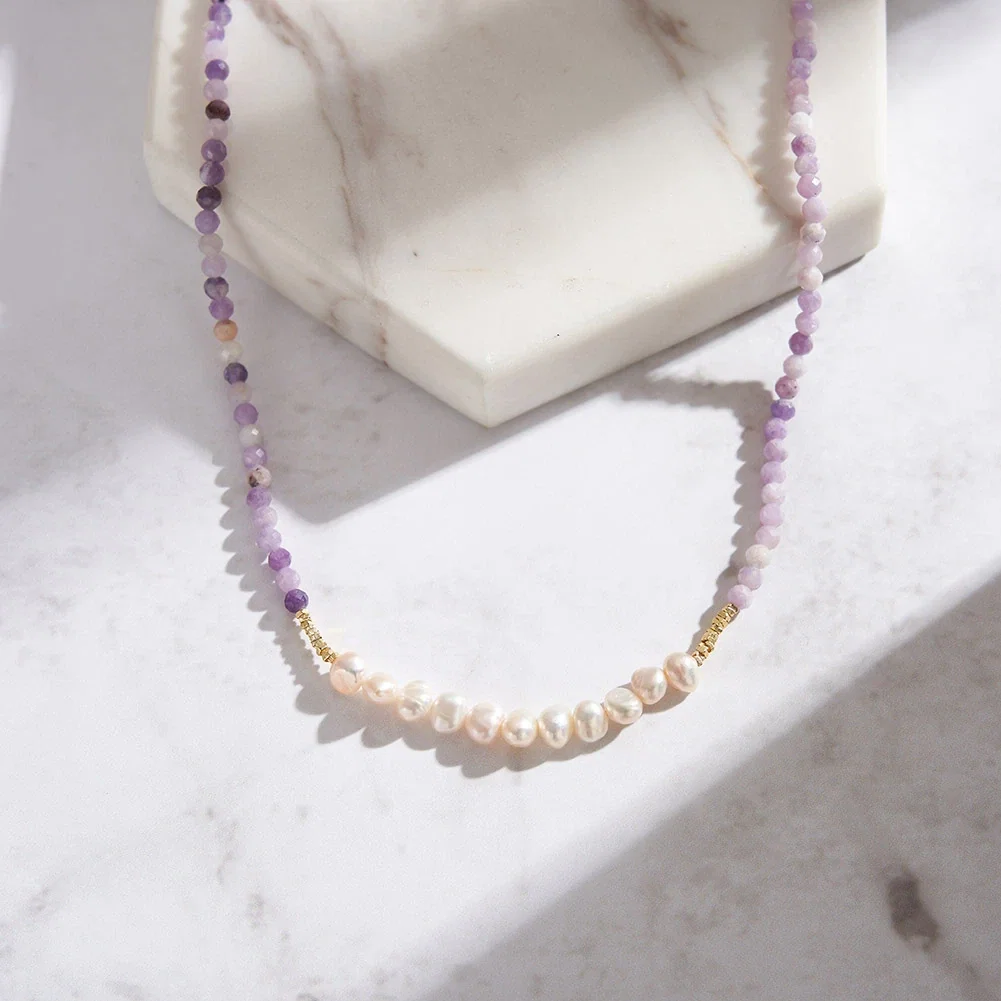 Coliere Din Argint - Colier din Argint cu Perle și Pietre naturale Ametist Lavender Pearl
