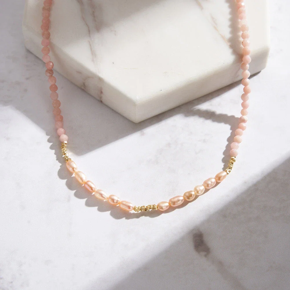 Coliere din argint - Colier din Argint cu Perle și Pietre Naturale Cuarț Blush Pearl Layered