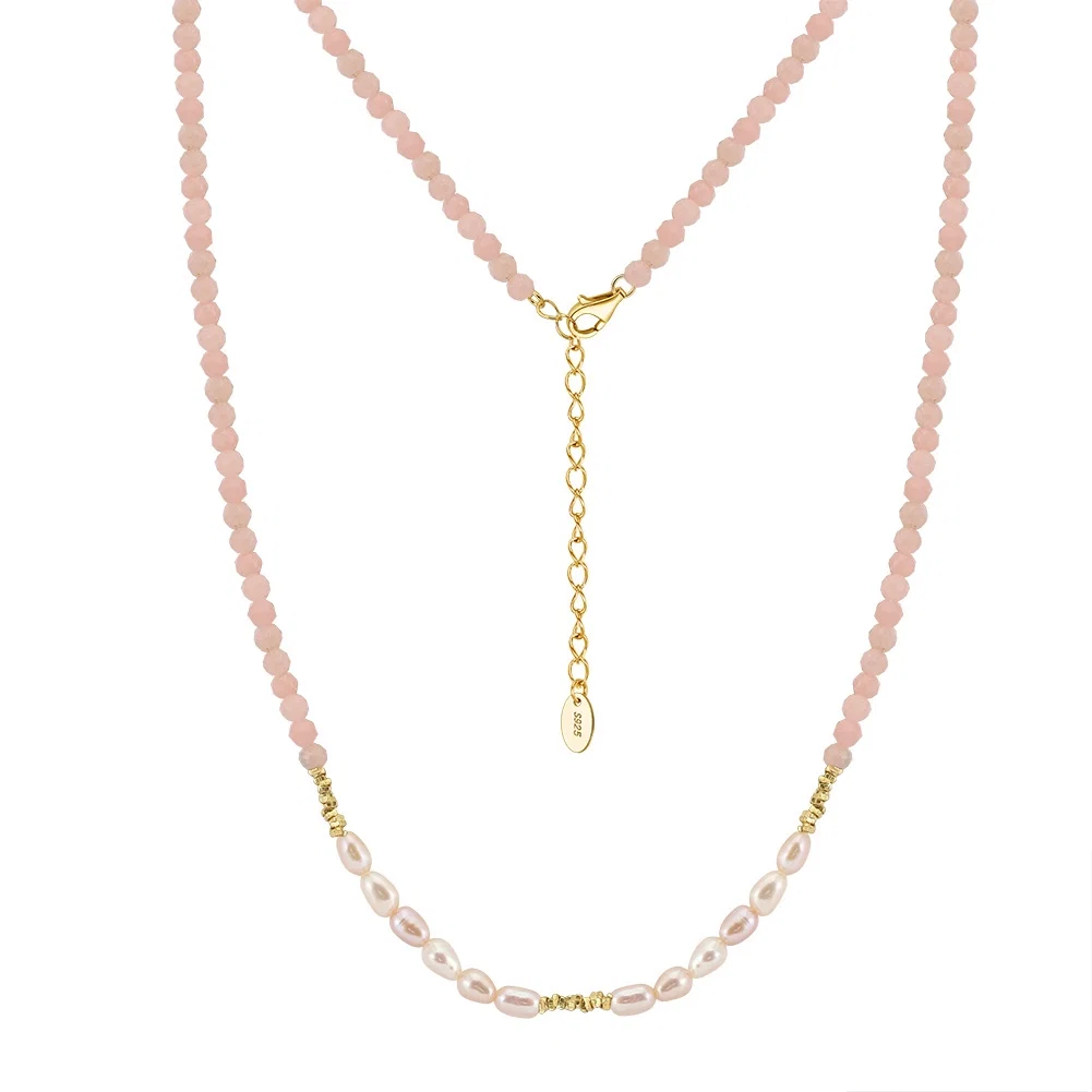 Coliere din argint - Colier din Argint cu Perle și Pietre Naturale Cuarț Blush Pearl Layered