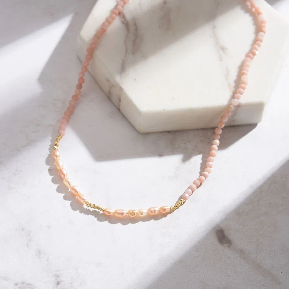 Coliere din argint - Colier din Argint cu Perle și Pietre Naturale Cuarț Blush Pearl Layered