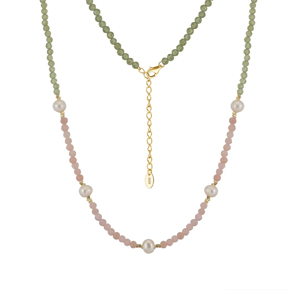 Sale - Colier din Argint cu Perle și Pietre Naturale Cuarț și Peridot Blush & Green Grace