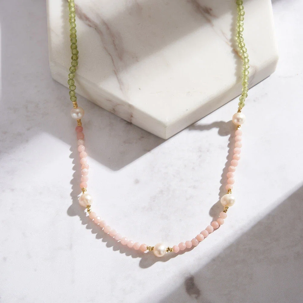 Sale - Colier din Argint cu Perle și Pietre Naturale Cuarț și Peridot Blush & Green Grace