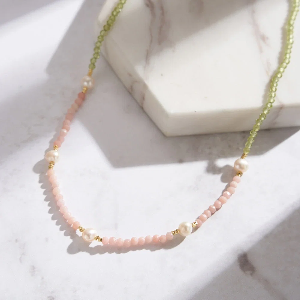 Sale - Colier din Argint cu Perle și Pietre Naturale Cuarț și Peridot Blush & Green Grace