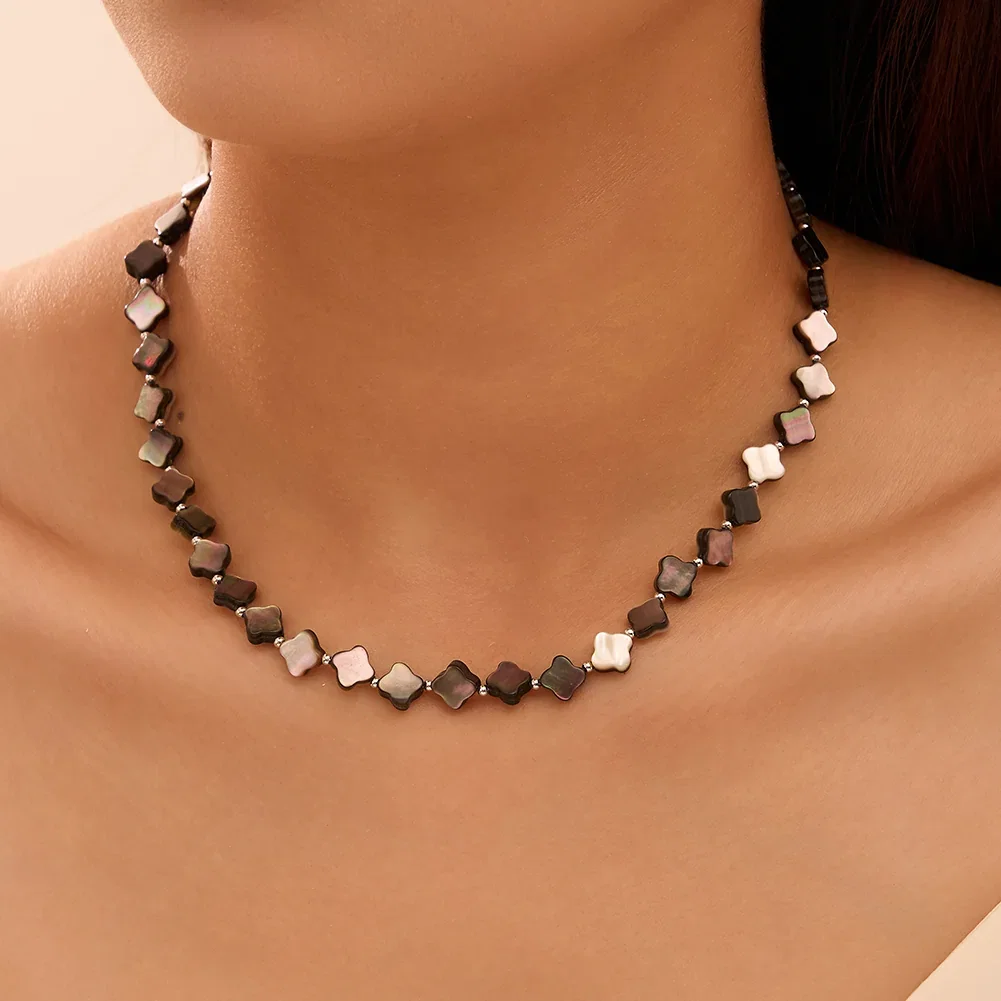 Coliere din argint - Colier din argint cu shell Clover Negru Argintiu