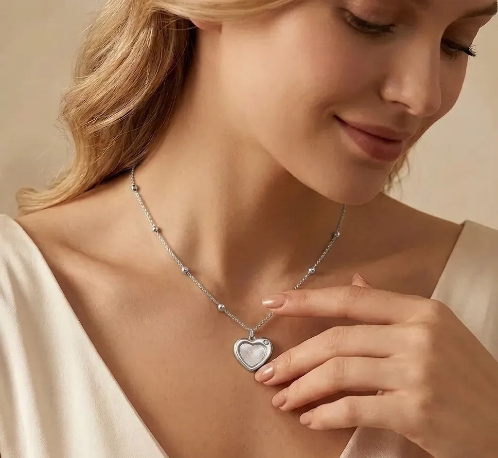 Coliere Statement - Colier Statement cu Perlă Shell Opal Heart Argintiu