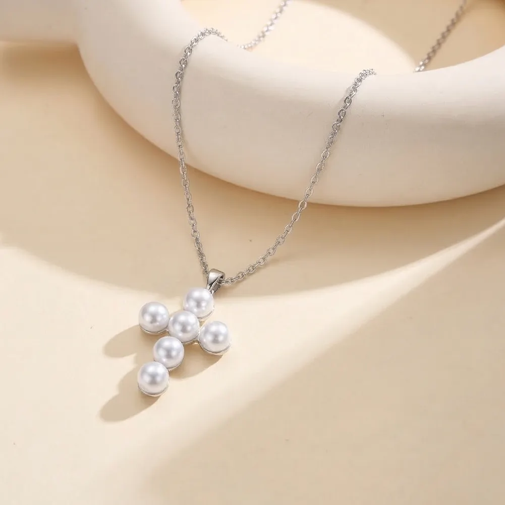 Coliere Statement - Colier Statement cu Perle Shell Cross Argintiu