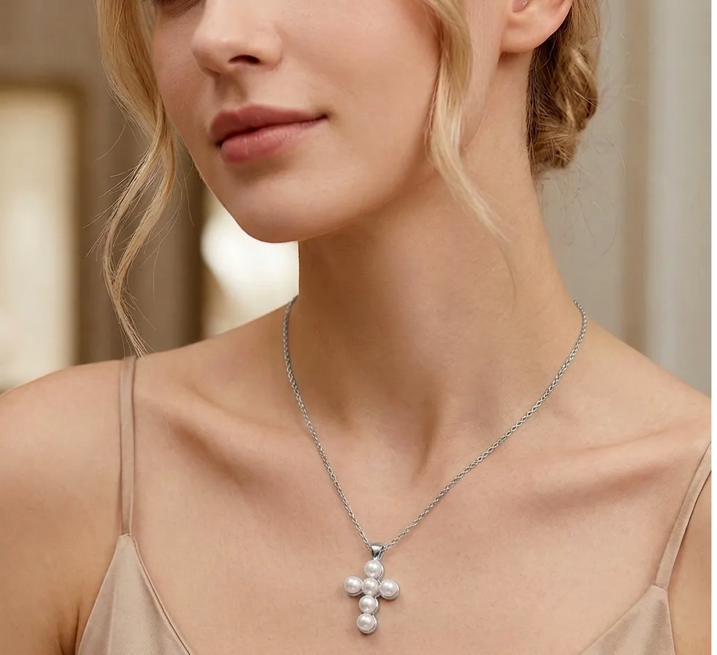 Coliere Statement - Colier Statement cu Perle Shell Cross Argintiu