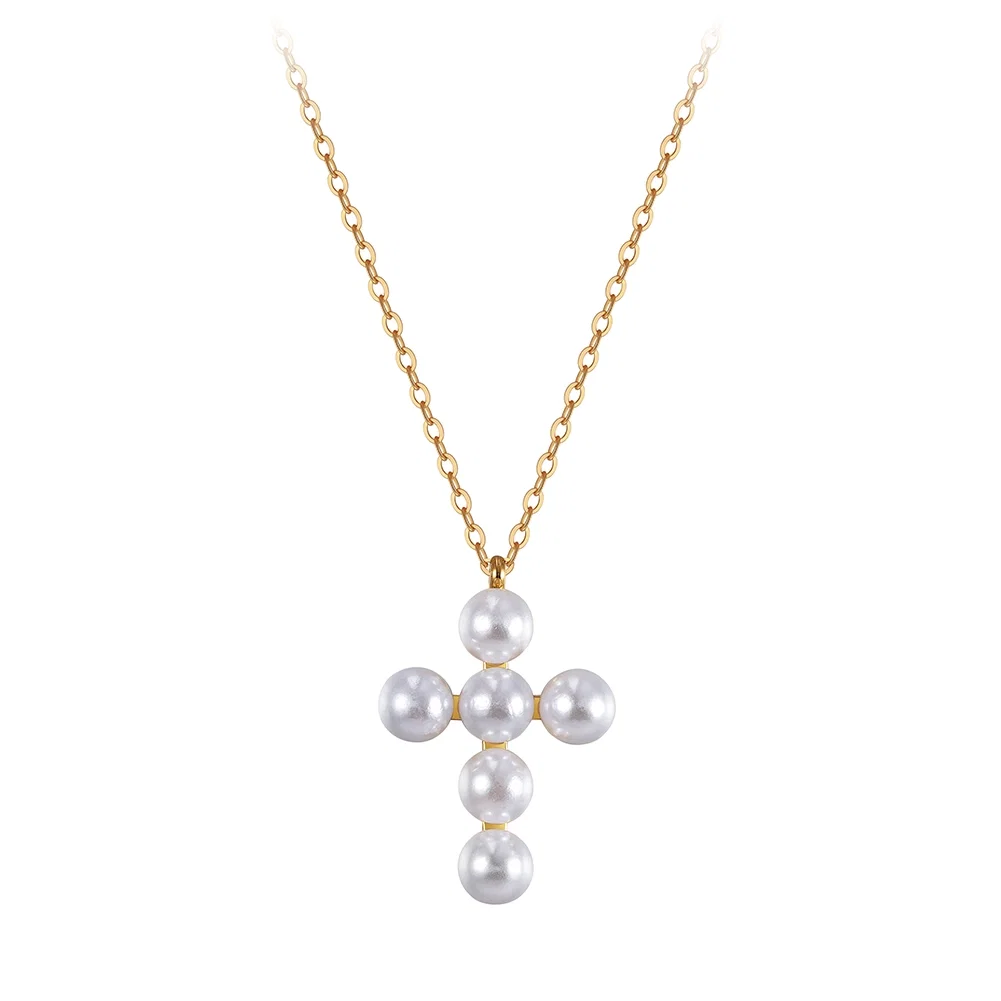 Colier Statement cu Perle Shell Cross Auriu