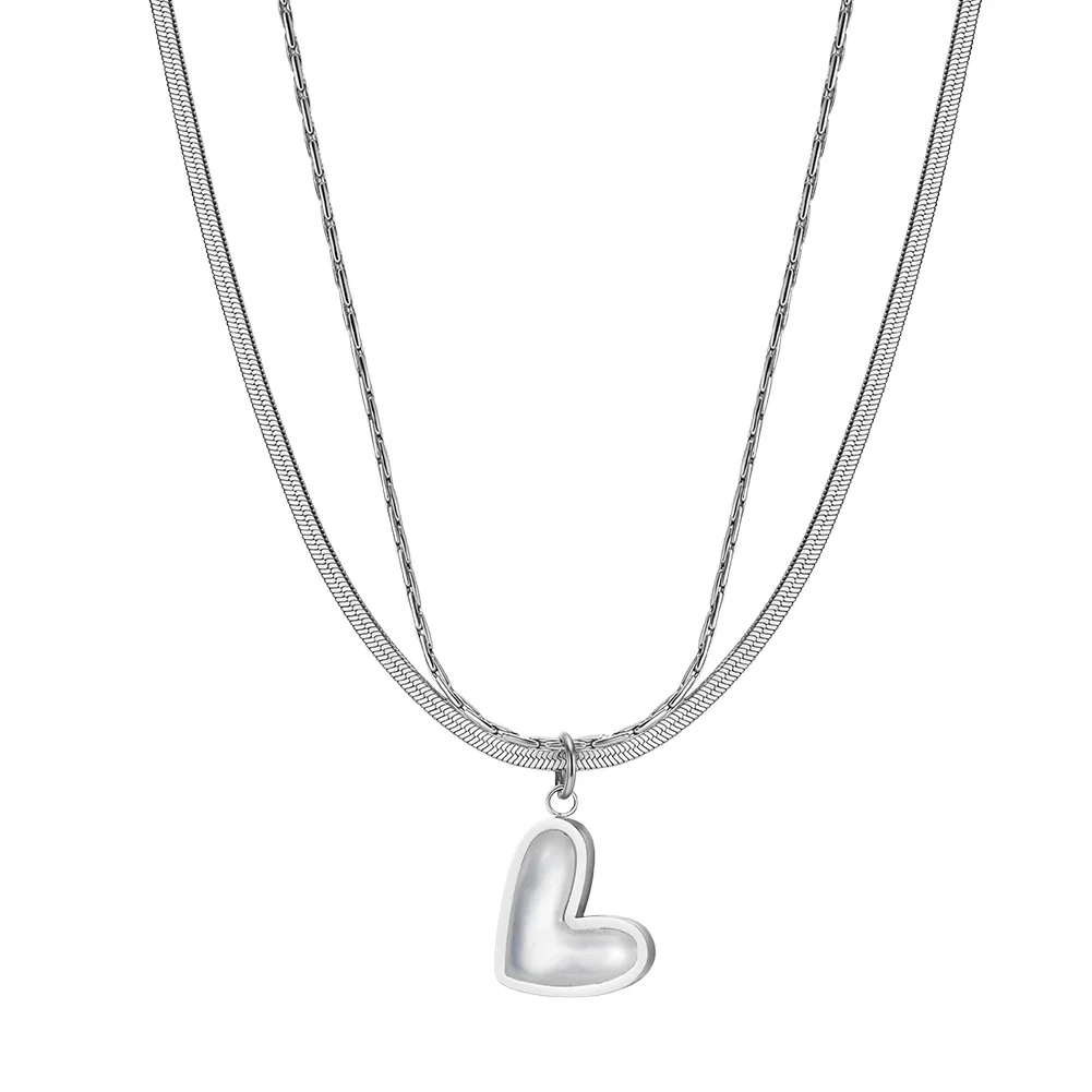 Coliere Statement - Colier Statement cu Perle Shell Duo Heart Argintiu
