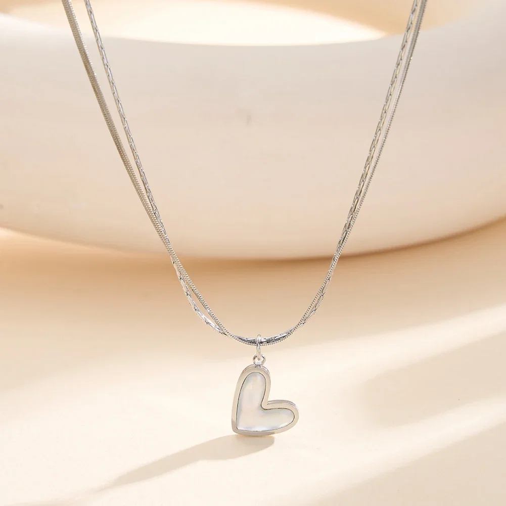 Coliere Statement - Colier Statement cu Perle Shell Duo Heart Argintiu