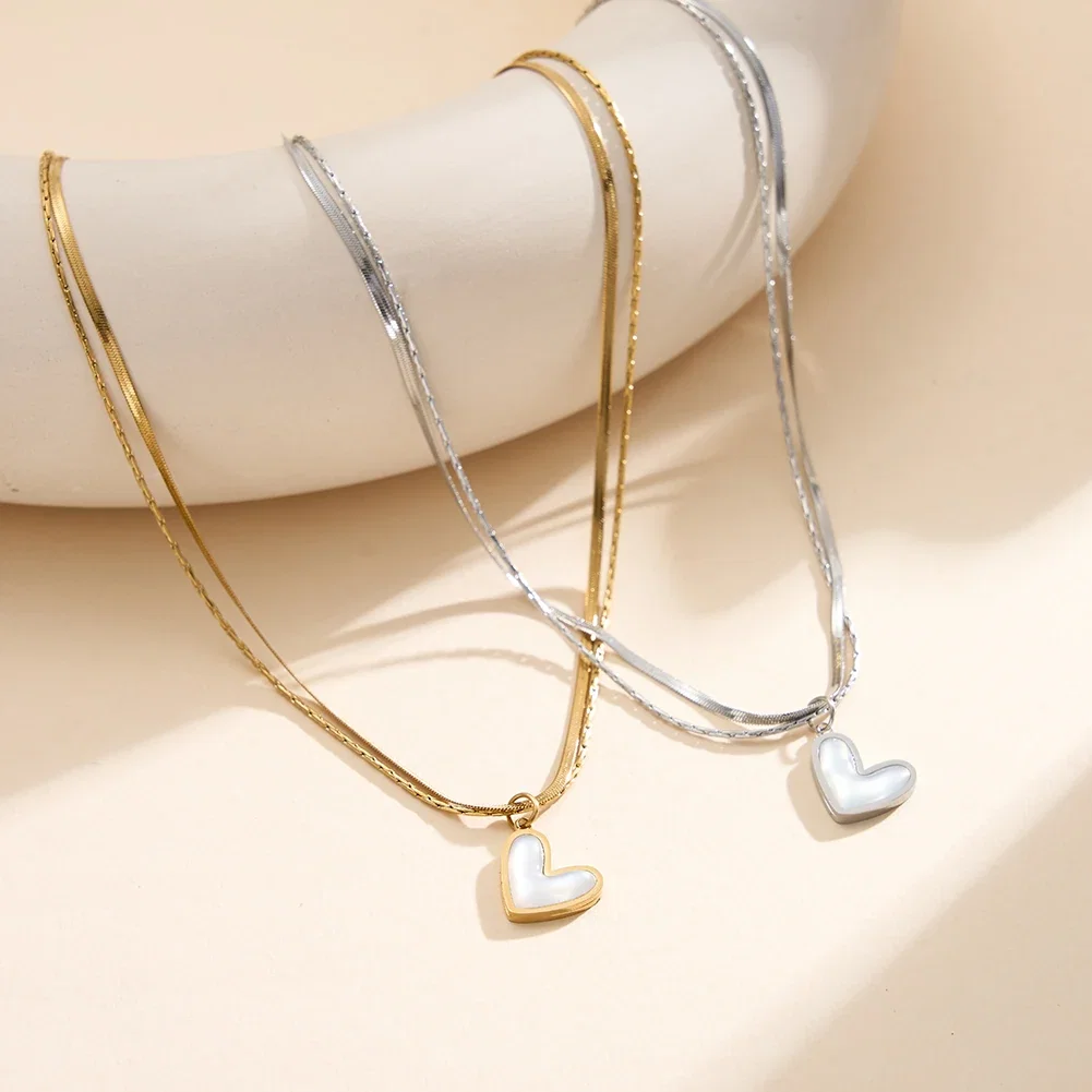 Coliere Statement - Colier Statement cu Perle Shell Duo Heart Argintiu