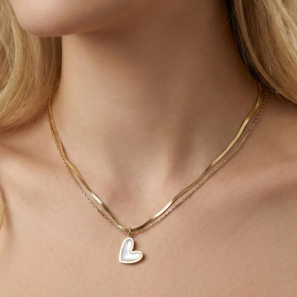 Coliere Statement - Colier Statement cu Perle Shell Duo Heart Auriu