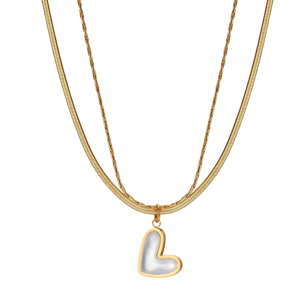 Coliere Statement - Colier Statement cu Perle Shell Duo Heart Auriu