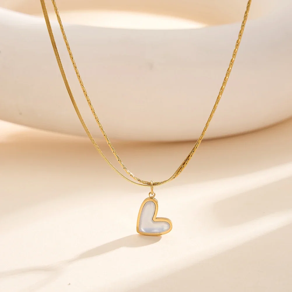 Coliere Statement - Colier Statement cu Perle Shell Duo Heart Auriu