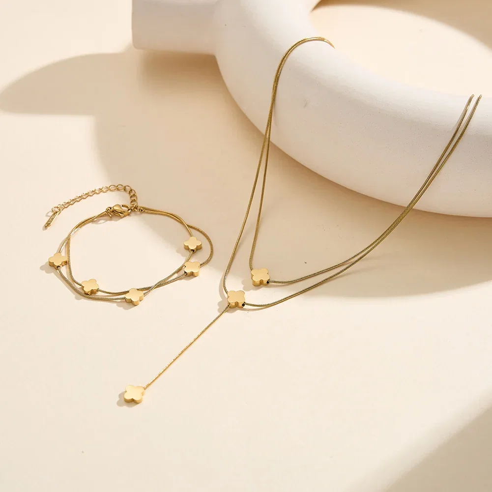 Coliere Statement - Colier Statement Double Clover Auriu