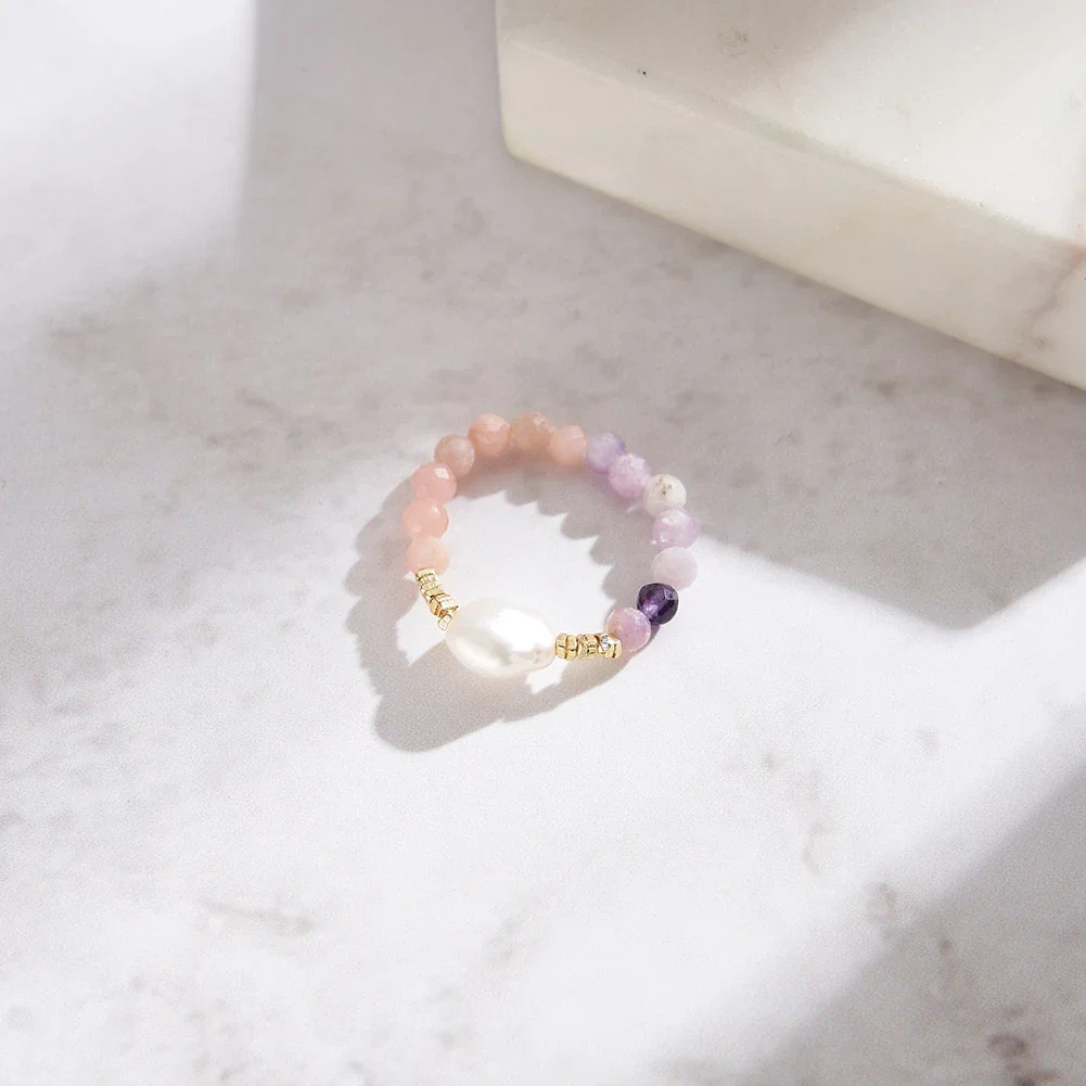 Inele Din Argint - Inel din Argint cu Perlă Naturală și Pietre Naturale Cuarț și Ametist Pastel Pearl Elegance
