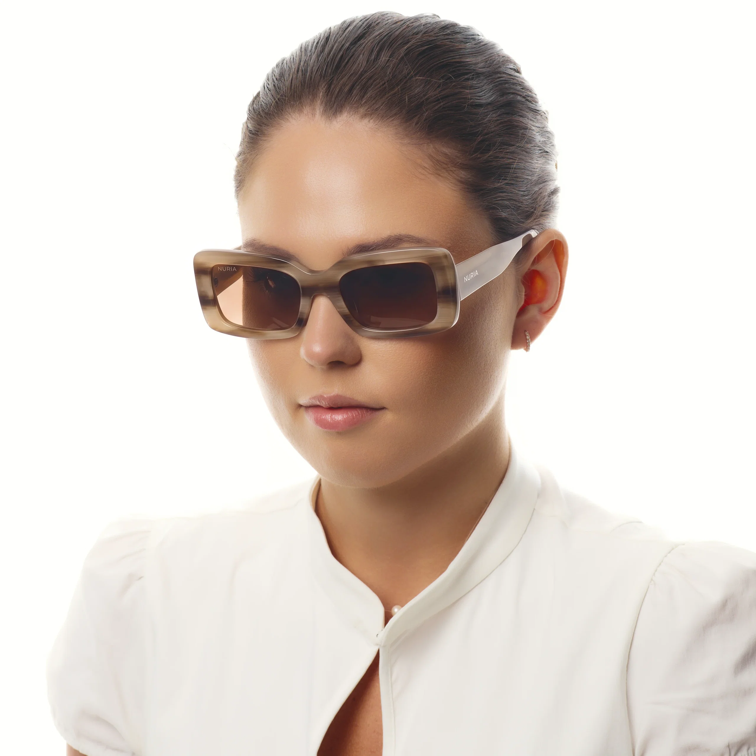 Ochelari de soare pentru femei - Ochelari de Soare NURIA cu Ramă Dreptunghiulară Umbra Fold Horn Beige