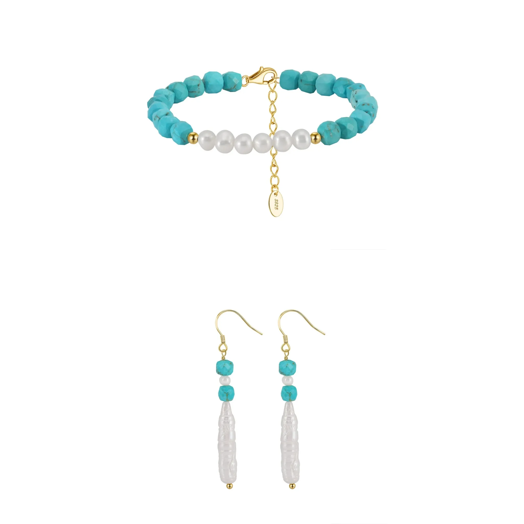 Seturi Bijuterii - Set Brățară și Cercei din Argint cu Perle Naturale și Piatră Naturală Turcoaz Elegance Beaded