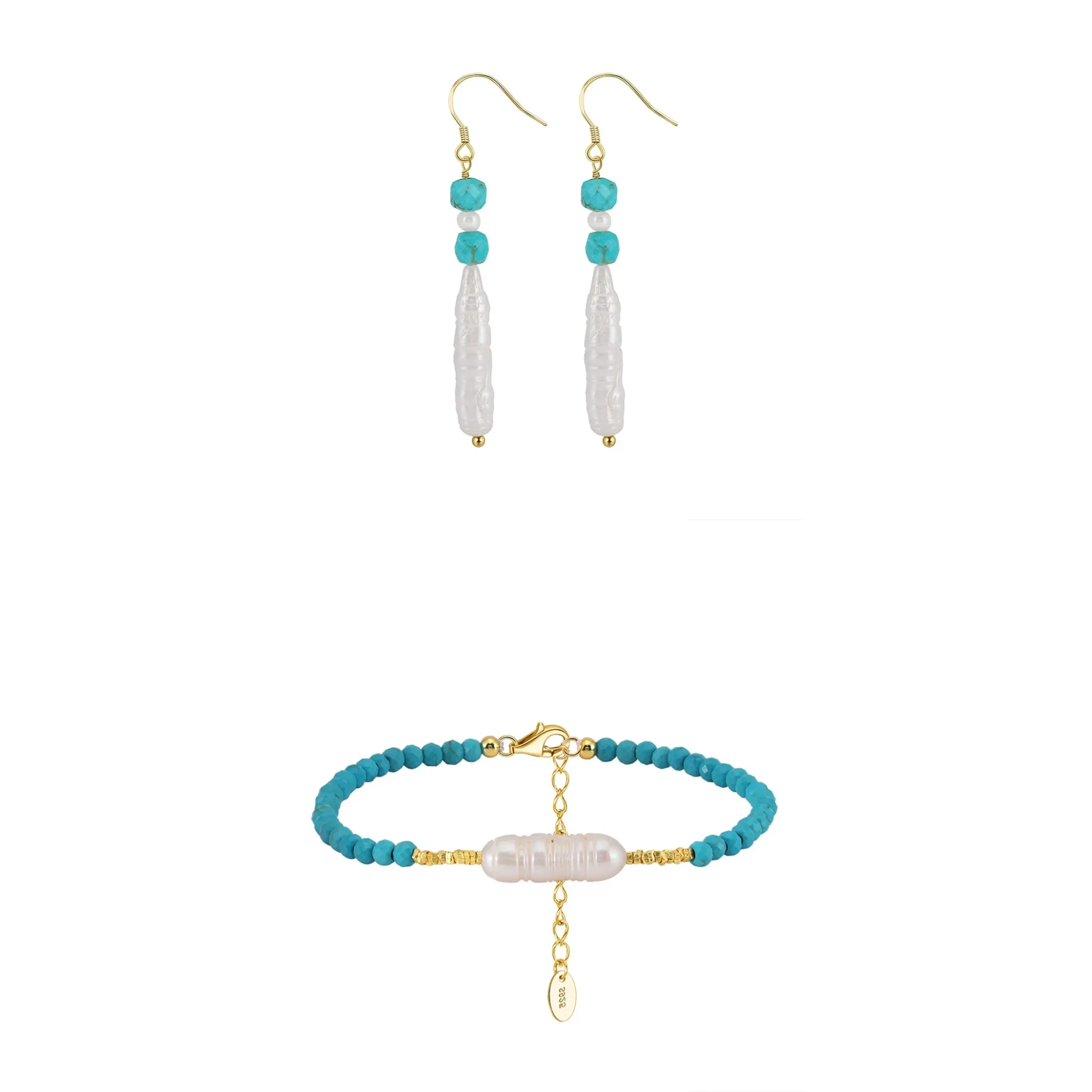 Seturi bijuterii din argint - Set Brățară și Cercei din Argint cu Perle Naturale și Piatră Naturală Turcoaz Turquoise Gold