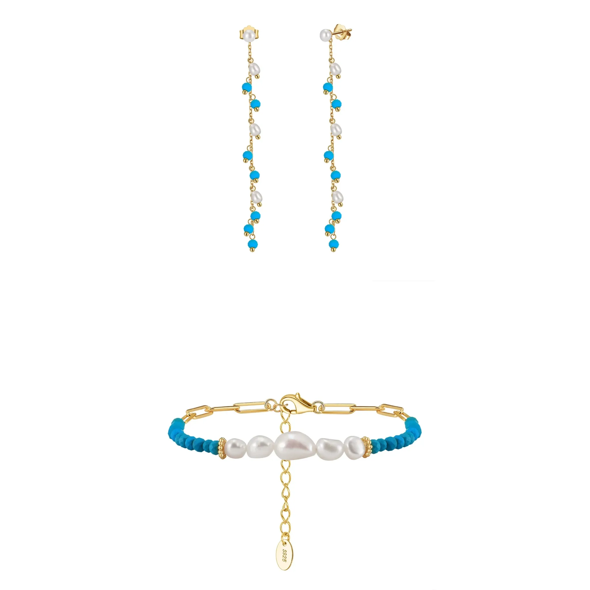 Seturi Bijuterii - Set Brățară și Cercei din Argint cu Perle Naturale și Piatră Turcoaz Turquoise Elegance Gold