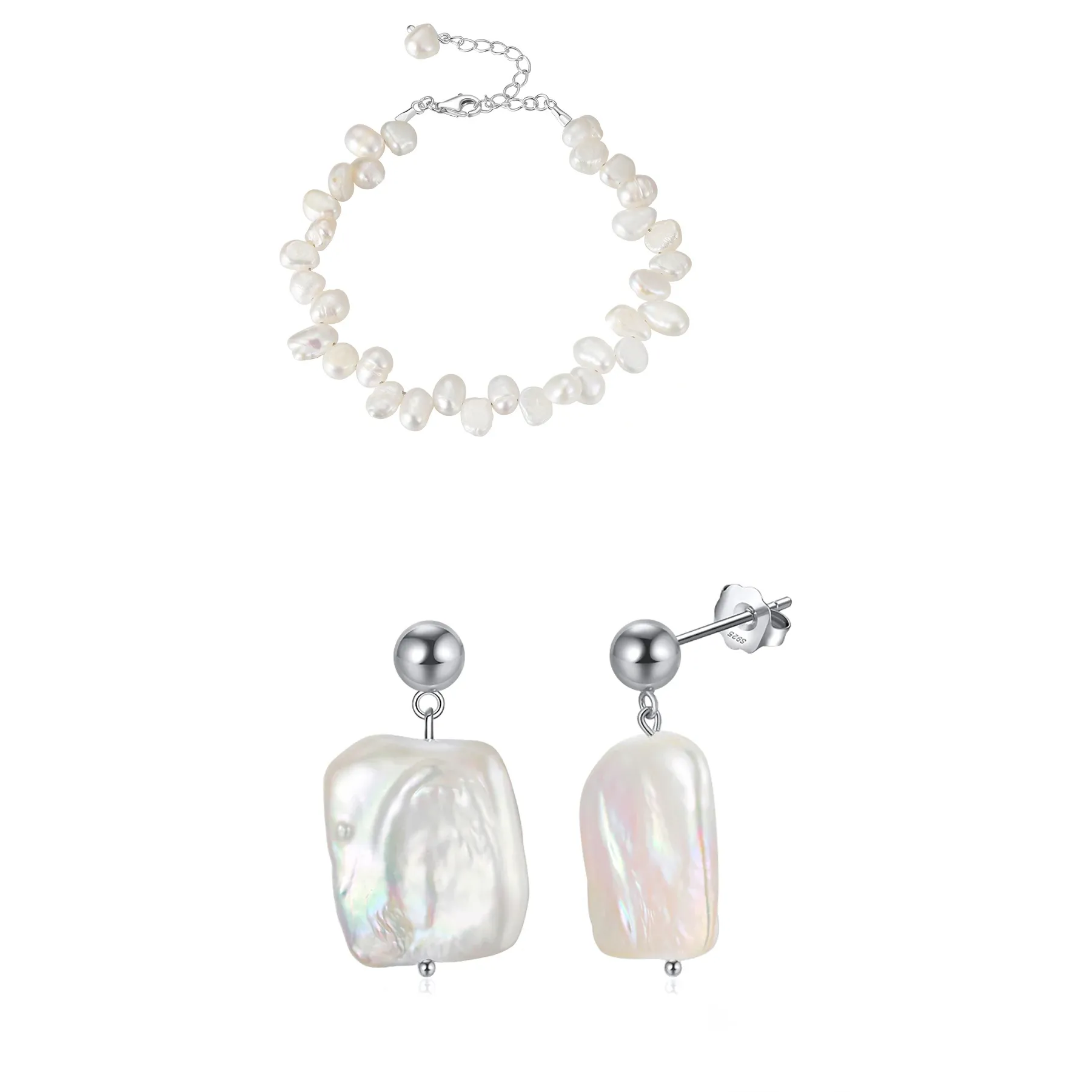 Seturi Bijuterii - Set Cercei și Brățară din argint cu perle naturale de cultură Raw Baroque Silver