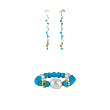 Seturi Bijuterii - Set Cercei și Inel din Argint cu Perle Naturale și Piatră Naturală Turcoaz Turquoise Elegance