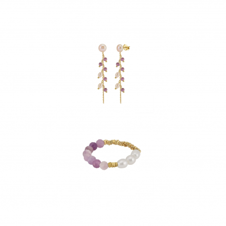 Seturi Bijuterii - Set Cercei și Inel din Argint cu Perle Naturale și Pietre Naturale Ametist Lavender Amethyst