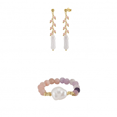 Seturi Bijuterii - Set Cercei și Inel din Argint cu Perle Naturale și Pietre Naturale Cuarț Pink Elegance