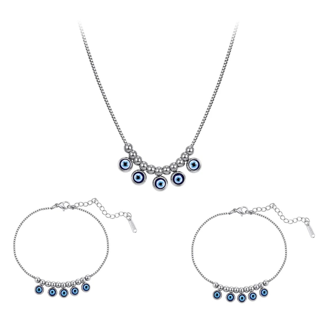 Seturi Bijuterii Statement - Set Colier, Brățară de mână și Brățară de picior Statement Evil Eye Argintiu