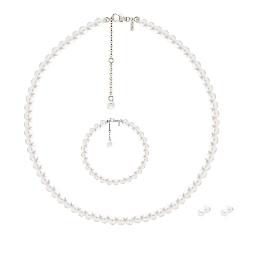 Seturi Bijuterii - Set Colier, Brățară și Cercei din argint cu perle naturale de cultură Large Pearl String Silver