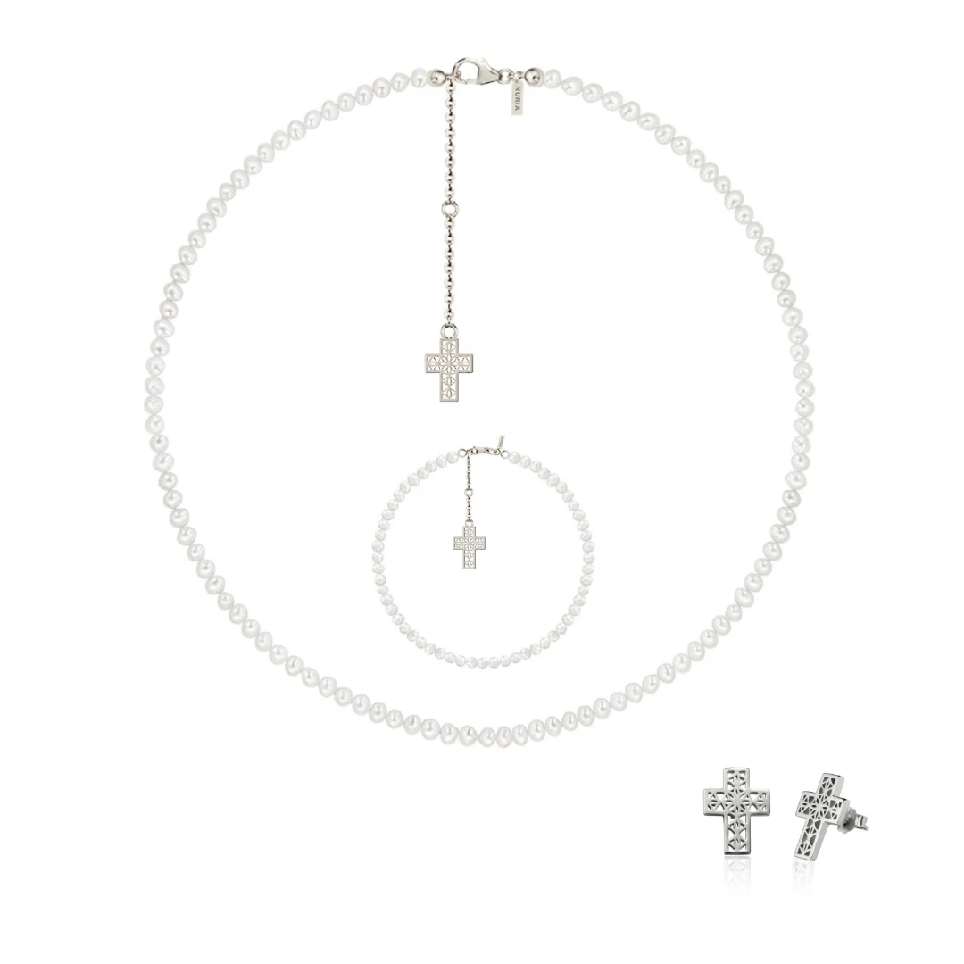Colecții - Set Colier, Brățară și Cercei din argint cu perle naturale de cultură mici Cruce Argintiu