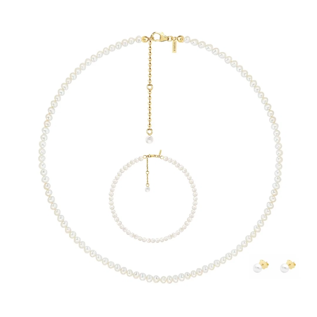 Seturi Bijuterii - Set Colier, Brățară și Cercei din argint cu perle naturale de cultură Small Pearl String Gold