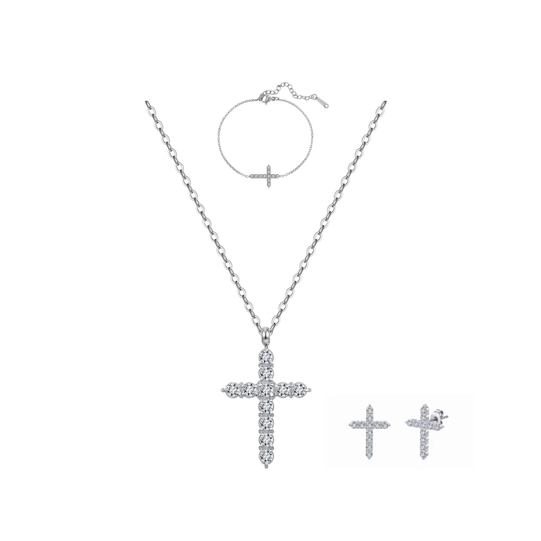Seturi Bijuterii Statement - Set Colier, Brățară și Cercei Statement cu Cristale Zirconiu Divine Argintiu