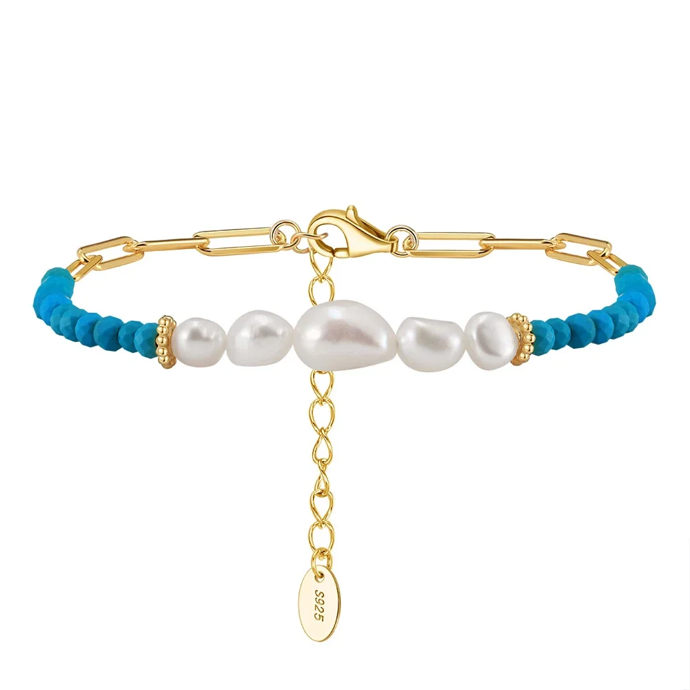 Seturi Bijuterii - Set Colier, Brățară și Inel din Argint cu Perle Naturale și Piatră Naturală Turcoaz Turquoise Gold