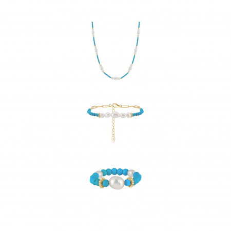 Seturi Bijuterii - Set Colier, Brățară și Inel din Argint cu Perle Naturale și Piatră Naturală Turcoaz Turquoise Gold