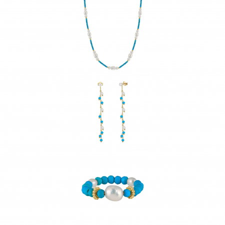 Seturi Bijuterii - Set Colier, Cercei și Inel din Argint cu Perle Naturale și Piatră Naturală Turcoaz Turquoise Harmony Gold