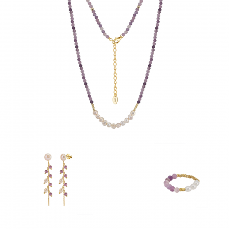 Seturi Bijuterii - Set Colier, Cercei și Inel din Argint cu Perle Naturale și Pietre Ametist Lavender Amethyst