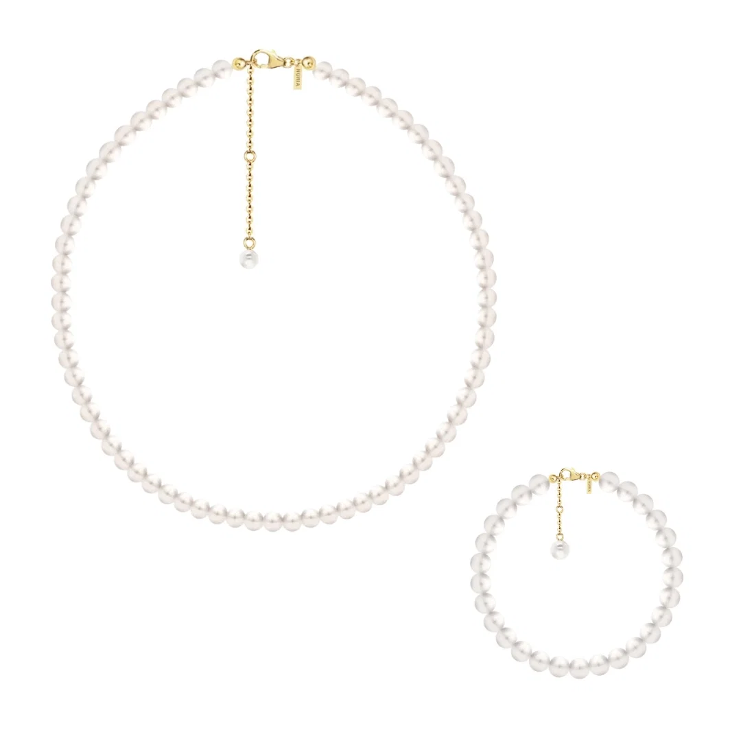 Seturi Bijuterii - Set Colier și Brățară Argint cu Perle Naturale de Cultură Large String Gold