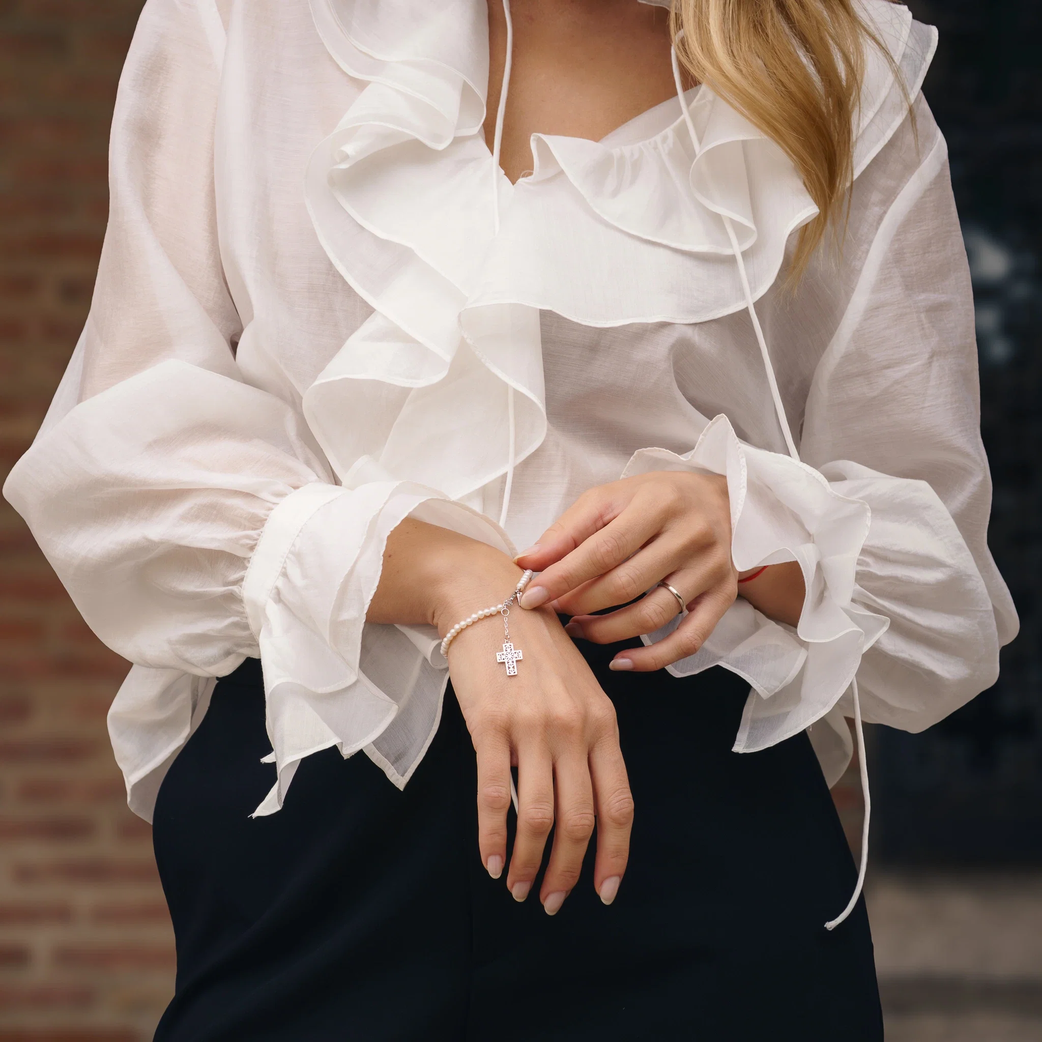 Colecții - Set Colier și Brățară Argint cu perle naturale de cultură mici Cruce Argintiu
