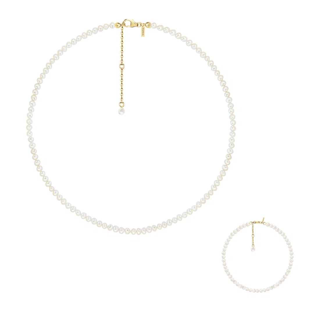 Seturi Bijuterii - Set Colier și Brățară Argint cu Perle Naturale de Cultură Small String Gold