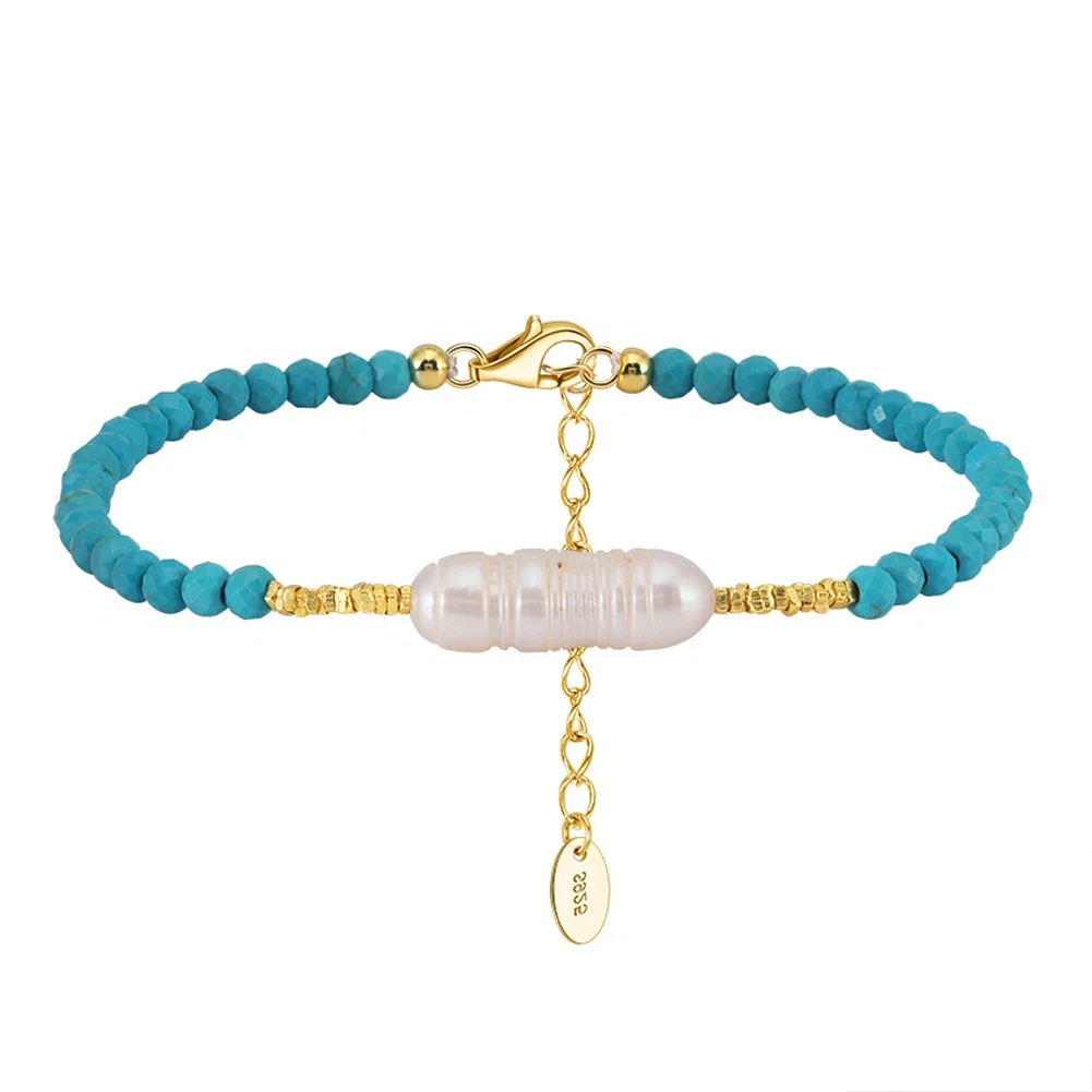 Seturi bijuterii din argint - Set Colier și Brățară din Argint cu Perle Naturale și Piatră Naturală Turcoaz Turquoise Gold