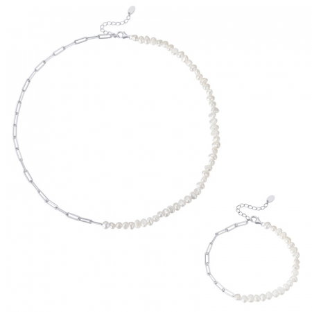 Seturi Bijuterii - Set Colier și Brățară paperclip din argint cu perle naturale de cultură silver Raw Collection