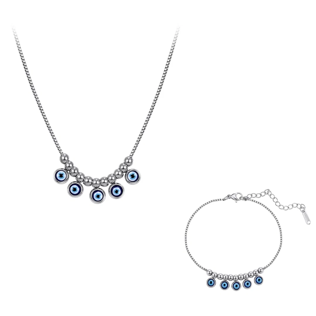 Seturi Bijuterii Statement - Set Colier și Brățară Statement Evil Eye Argintiu