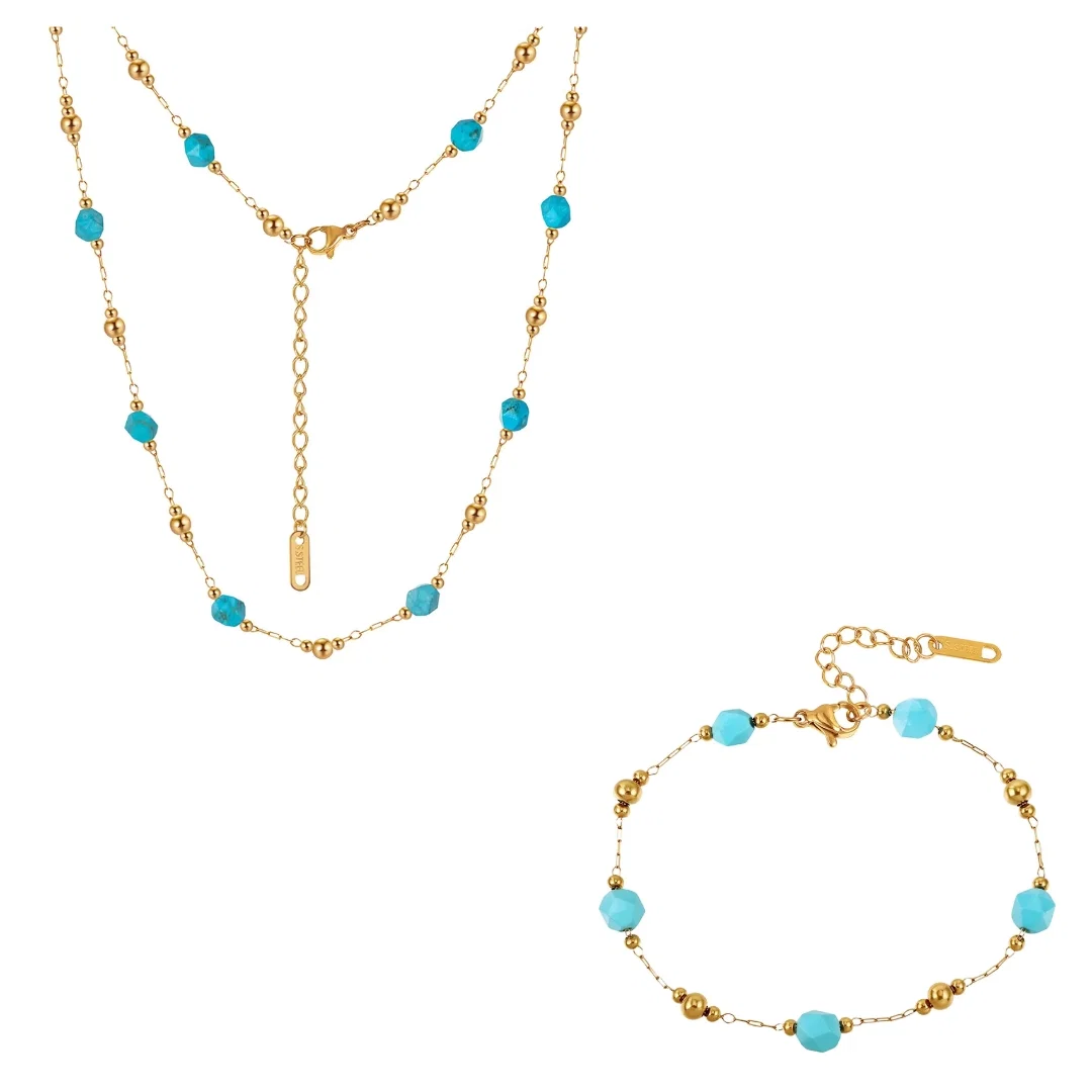 Seturi Bijuterii Statement - Set Colier și Brățară Statement Turquoise Auriu